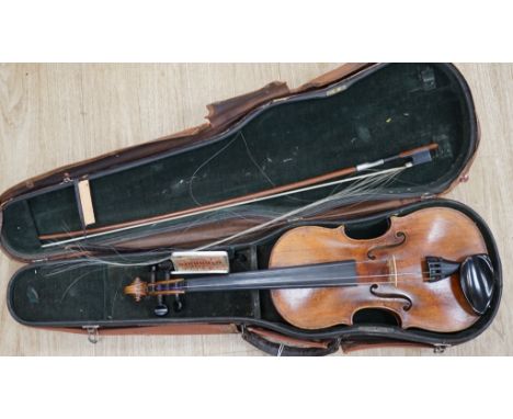 A cased 19th century German violin with paper label for Schweitzer copy Amati Pestini, length of body, 36cm, with bow CITES S