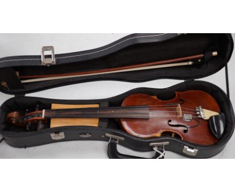 An unusual travelling violin (Pochette), length of body, 25.5cm, with standard length neck, with shorter 53.5cm bow and fitte