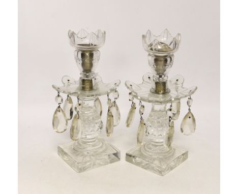 A pair of Victorian cut glass candlestick lustres, 24cm high