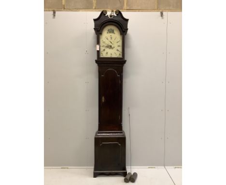 An early 19th century oak eight day longcase clock with arched painted dial, height 227cm