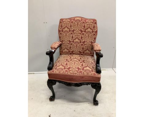 A Chippendale style upholstered elbow chair, width 63cm, depth 57cm, height 98cm