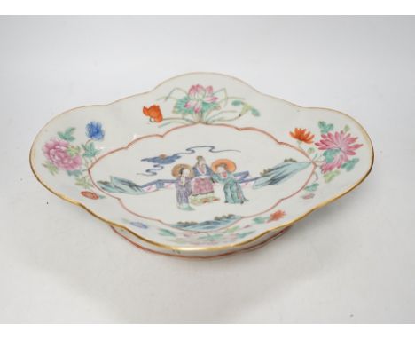 A Chinese famille rose lozenge shaped dish, mid 19th century 29cm wide Generally good condition, one approx. 3cm hairline cra