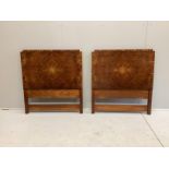 A pair of Art Deco coromandel banded burr walnut single headboards, width 92cm, height 100cm