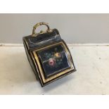 A Victorian toleware coal scuttle and scoop, width 28cm, height 41cm