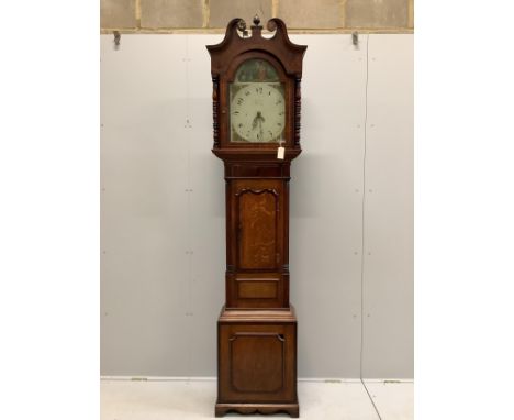 An early 19th century oak and mahogany thirty hour longcase clock, height 227cm