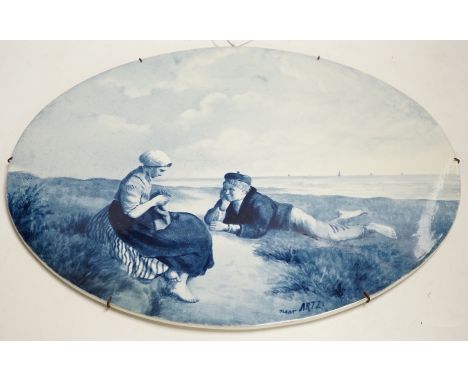 Three late 19th/early 20th century Delft oval landscape plaques, 45cm Plaques shown in first two images structurally good; li