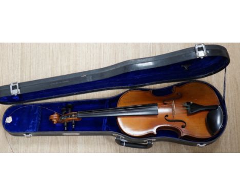 A cased German student’s violin, ‘copy of Antonius Stradivarius’, without bow