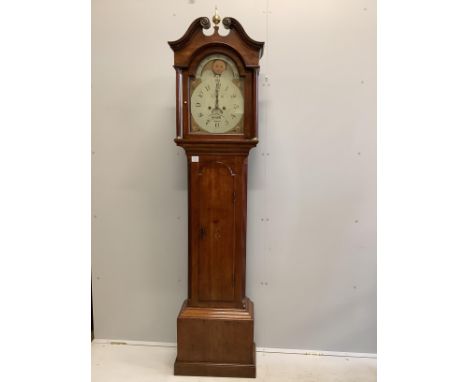 An early 19th century mahogany eight day longcase clock with painted moon phase dial (no weights), height 210cm