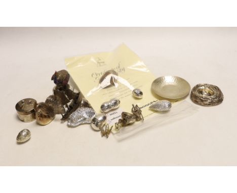 A group of modern novelty silver and white metal items including a limited edition surprise acorn by Christopher Nigel Lawren