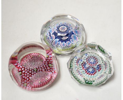 Three Whitefriars faceted millefiori glass paperweights, 8cm in diameter First image, top - graze at the top of one of the ov