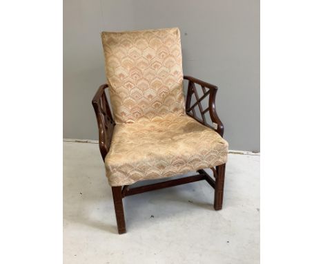 A George III Chinese Chippendale style mahogany elbow chair, width 65cm, depth 50cm, height 93cm