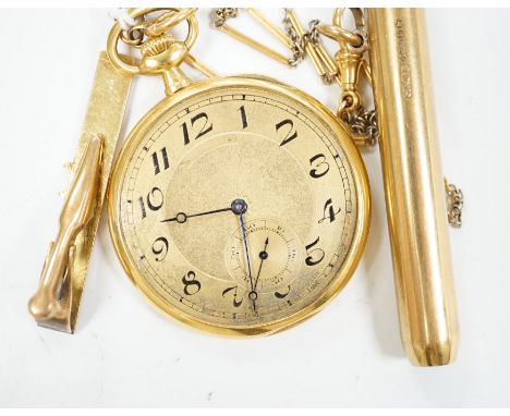 An 18k Longines keyless dress pocket watch, lacking glass, with Arabic dial and subsidiary seconds, on an 18ct albert, 40cm, 