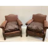 A pair of early 20th century French brown leather studded club chairs, width 84cm, depth 84cm,