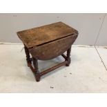 A 17th century style oak drop flap occasional table, width 52cm, depth 32cm, height 48cm