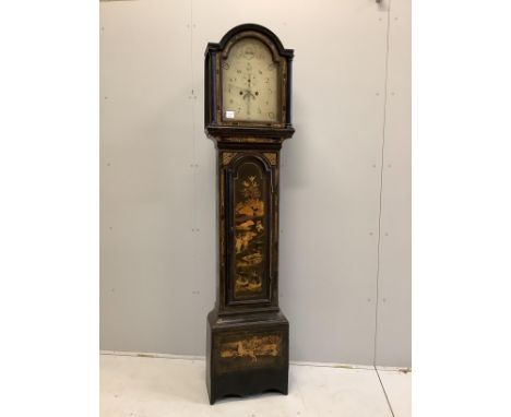 A 19th century black and gold chinoiserie lacquer eight day longcase clock, with a painted arched enamelled dial, height 204c