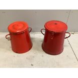 Two European mid century enamel kitchen storage containers, height 41cm