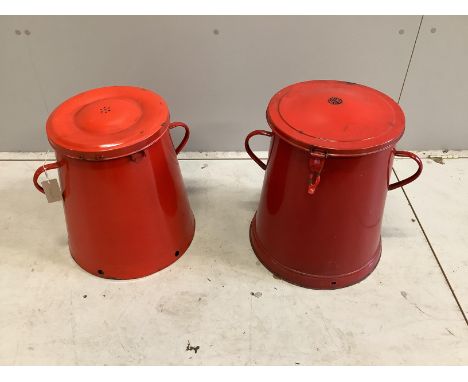 Two European mid century enamel kitchen storage containers, height 41cm
