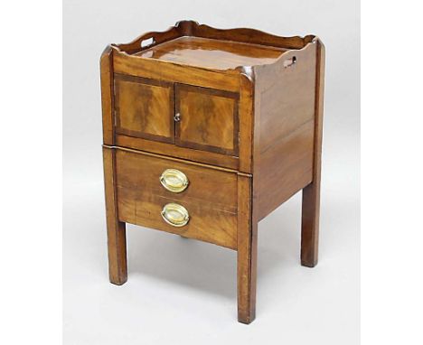GEORGE III MAHOGANY TRAY TOP COMMODE, the wavy gallery with pierced handles above a pair of doors and a converted drawer, hei