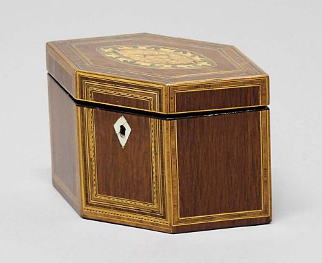 GEORGE III HEXAGONAL TEA CADDY,  possibly partridgewood, inlaid with musical instruments, the twin canister interior with she