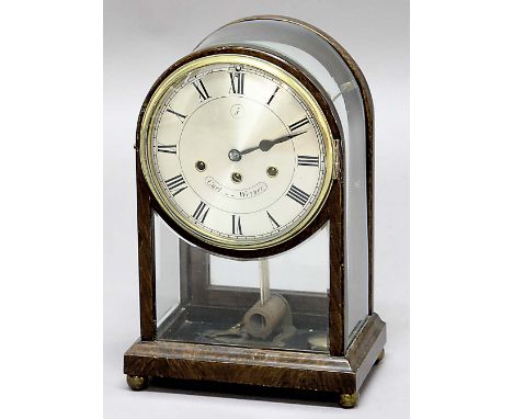 WALNUT AND GLASS CASED MANTEL CLOCK, the 7 3/4" silvered dial inscribed Carl Werner, on a brass three train eight day movemen