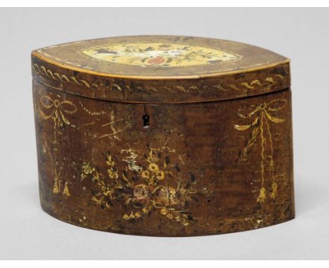 GEORGE III NAVETTE SHAPED TEA CADDY,  with painted floral and swag decoration, height 12.5cm, width 19cm, depth 9cm