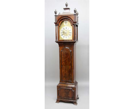 MAHOGANY LONGCASE CLOCK, early 20th century, the brass dial with 11 1/4" silvered chapter ring and subsidiary seconds dial be