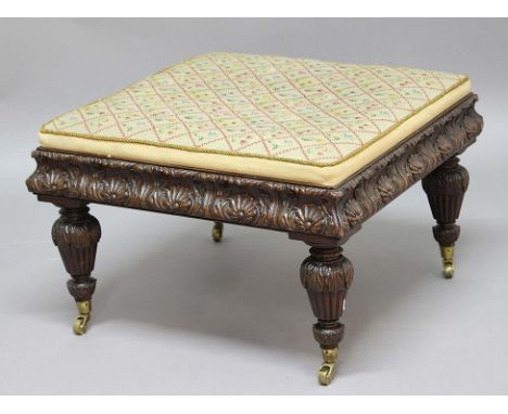 VICTORIAN MAHOGANY STOOL, 19th century, the tapestry upholstered top above acanthus and foliate carved frieze, foliate carved