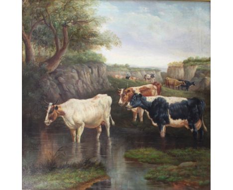 CIRCLE OF J** LANGLOIS (Circa 1880) CATTLE AT A COUNTRY POOL Indistinct traces of a signature lower right, oil on canvas, pos