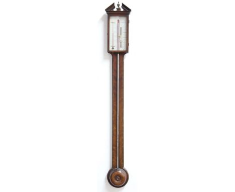 GEORGE III MAHOGANY STICK BAROMETER, the silvered gauge inscribed Sankey, Glocester, with chevron line inlay, height 97cm