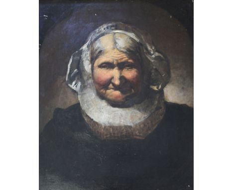 MANNER OF REMBRANDT HARMENSZ. VAN RIJN (1606-1669) PORTRAIT STUDY OF AN OLD WOMAN  Oil on canvas 55.5 x 45cm. ++ Lined; retou