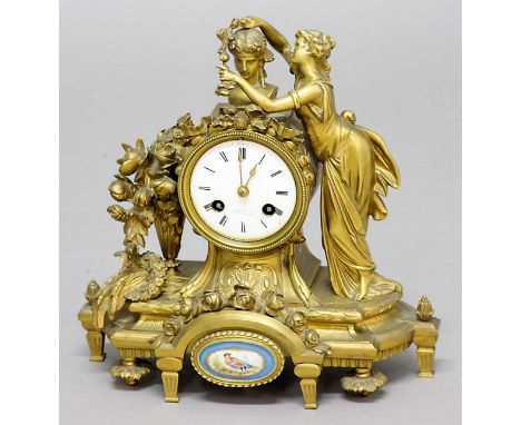 FRENCH GILT BRASS MANTEL CLOCK, late 19th century, the 3" enamelled dial inscribed Alfred B Pearce, 23 Ludgate Hill, on a bra