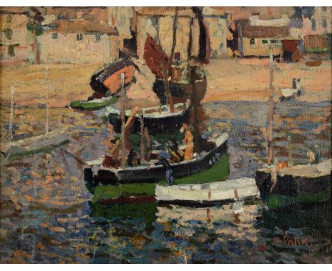 •JOHN ANTHONY PARK (1880-1962) CORNISH FISHING BOATS Signed, oil on canvas 30 x 38.5cm. ++ Lined; needs only a very light cle