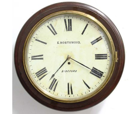 VICTORIAN OAK CASED STATION TYPE WALL CLOCK, the 15" enamelled dial inscribed E Northwood, Bideford, on a brass single fusee 