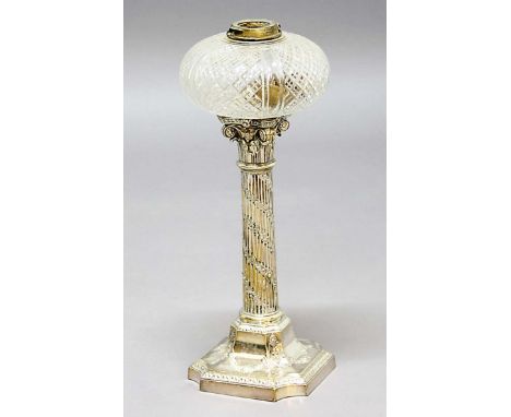 CUT GLASS AND SILVER PLATED OIL LAMP BASE,  the ovoid reservoir on a corinthian column decorated with flowers on a shaped squ