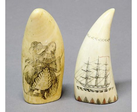 SCRIMSHAW:  sperm whale tooth carved with a girl playing with a hoop, the reverse with three vignettes, height 15cm; together