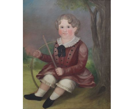 ENGLISH PROVINCIAL SCHOOL, 19th CENTURY PORTRAIT OF A BOY Seated by a tree, wearing a russet dress and holding a hoop and sti