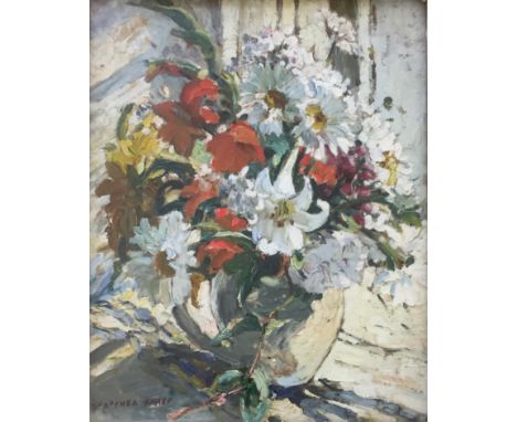 ATTRIBUTED TO DOROTHEA SHARP (1874-1955) A JUG OF MIXED SUMMER FLOWERS Bears a signature, oil on board 49.5 x 39cm. Provenanc