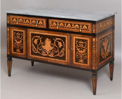 ITALIAN STYLE MARBLE TOPPED AND INLAID COMMODE, late 19th century, stamped Gillows Lancaster, a pair of drawers above three c