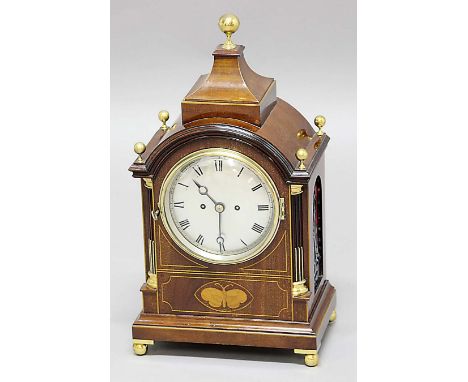 REGENCY STYLE MAHOGANY BRACKET CLOCK, the silvered 6" dial on a brass, eight day, twin chain driven fusee movement with maint