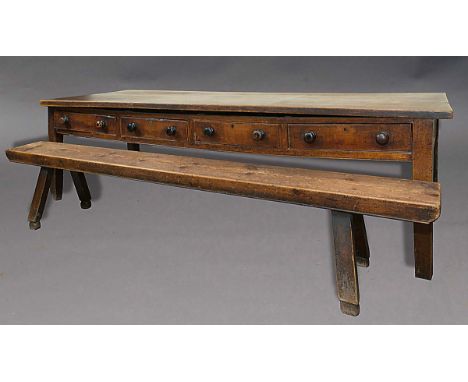 OAK FARMHOUSE KITCHEN TABLE, 19th century, the planked top above three drawers with turned pulls, height 81cm, width 274cm, d