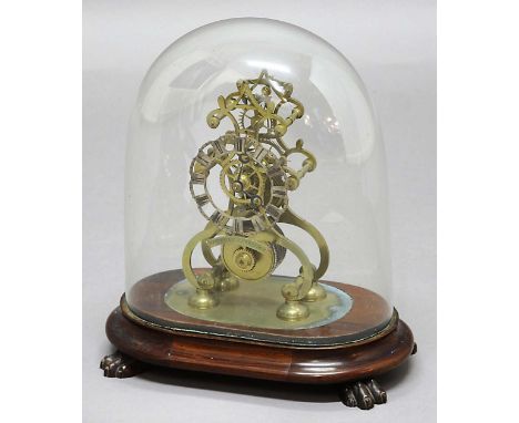 BRASS SKELETON CLOCK, the 4" silvered and pierced chapter ring a chain driven single fusee movement inscribed Heitzman Cambri