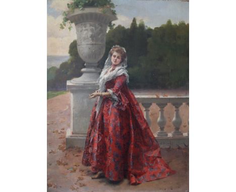 HENRI VICTOR LESUR (b.1860, fl.1887-1910) THE RED GOWN Signed, oil on panel 30.5 x 22.5cm. ++ Slight craquelure; needs a ligh