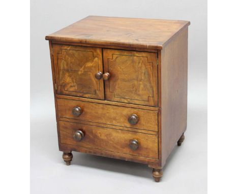 GEORGE III MAHOGANY BEDSIDE COMMODE, pair of line inlaid cupboard doors above a double depth drawer, height 77cm, width 63.5c
