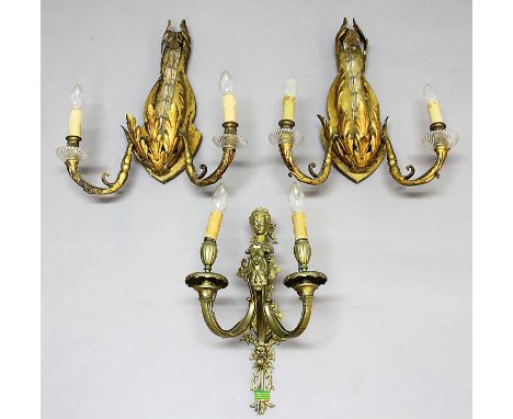 PAIR OF GILT WALL LIGHTS, the twin branches on a shaped mount with foliate metal decoration, height 57cm; together with a sin