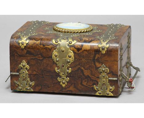 VICTORIAN WALNUT AND BRASS MOUNTED WRITING BOX,  the cover with an oval blue jasper plaque enclosing a gilt metal mounted and