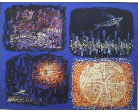 •PETER FOLDES (b.1924) THE FLYING FISH, 1963 Signed, also signed, inscribed and dated on the stretcher, oil on canvas 72 x 91