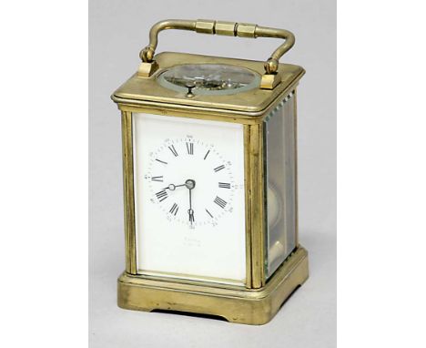 BRASS FOUR PANE CARRIAGE CLOCK, the enamelled dial with rubbed inscription, on a brass eight day movement with repeater mecha