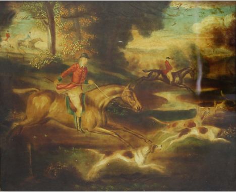PAIR OF REVERSE PRINTS ON GLASS OF HUNTING SCENES, 19th century, with hand coloured highlights, 31cm x 39cm (2)