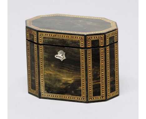CALAMANDER WOOD TEA CADDY,  early 19th century, of decagonal form with inlaid borders, height 11.5cm, width 16cm, depth 9.5cm