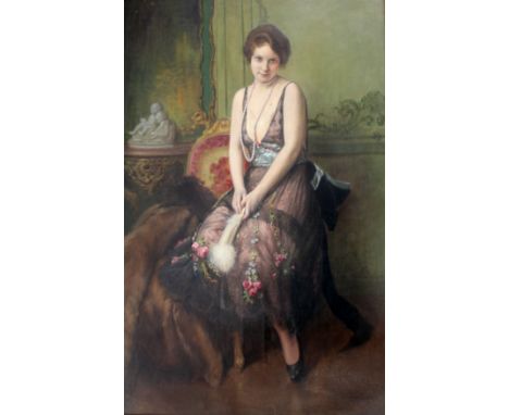 ALBERT JOSEPH PENOT (1862-1930) PORTRAIT OF A LADY IN EVENING DRESS Signed, oil on canvas 98,5 x 63,5cm. ++ 2.5cm tear lower 